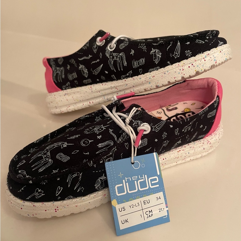 Hey Dude Black Shoes with Pink Accents and Unicorn Print Y2